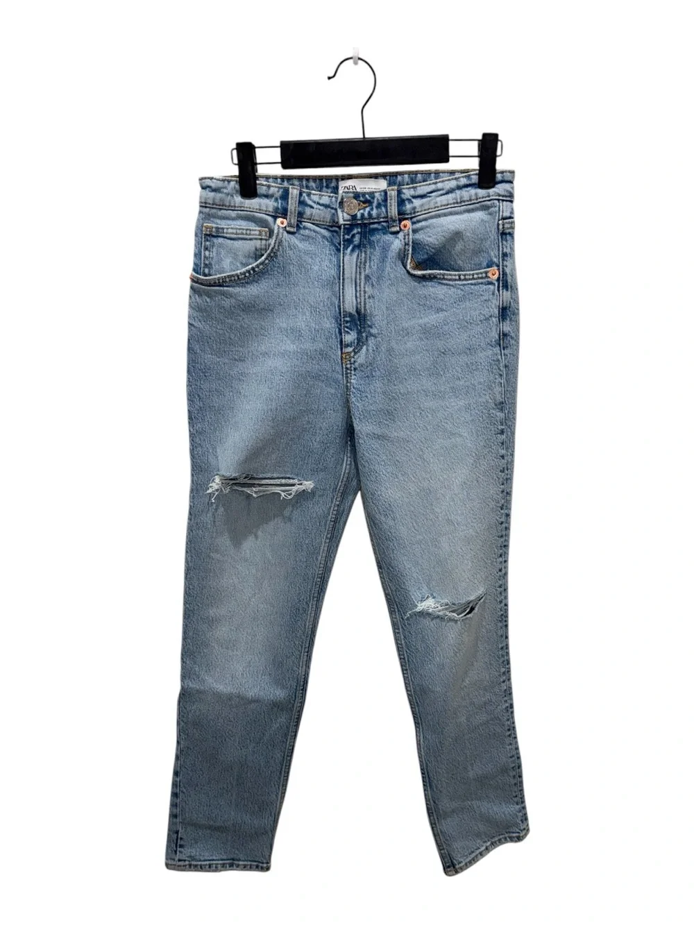 Zara High Rise Straight Leg Distressed Jeans Light Wash Blue Size 4 NWT